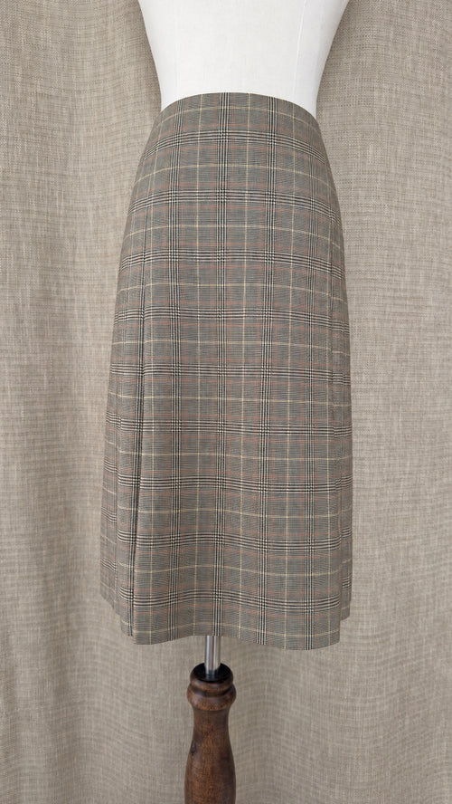 Brooks Brothers tan and brown plaid wool skirt on mannequin, front view