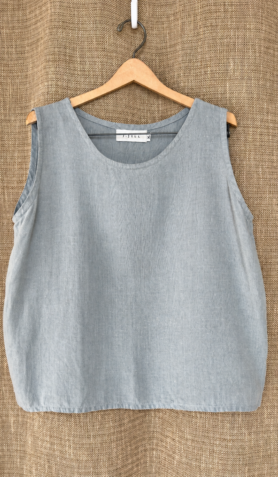 J.Jill light gray linen top on hanger, front view