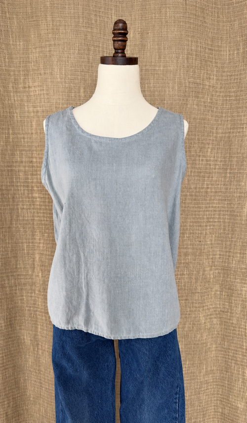 J.Jill light gray linen top on mannequin, front view