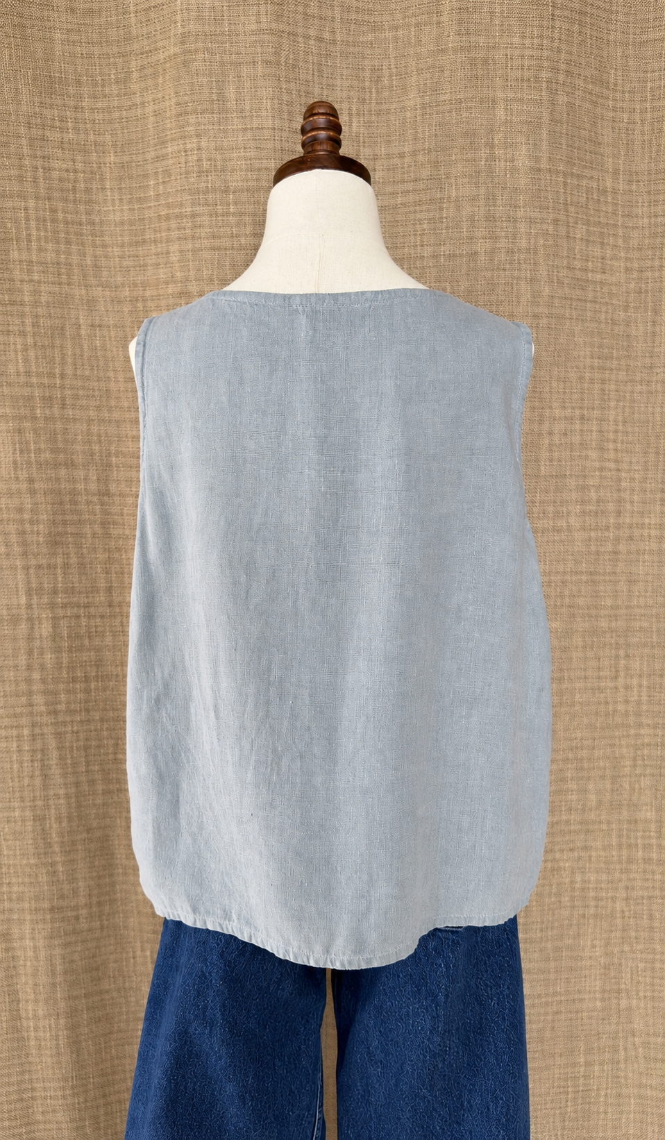 J.Jill light gray linen top on mannequin, back view