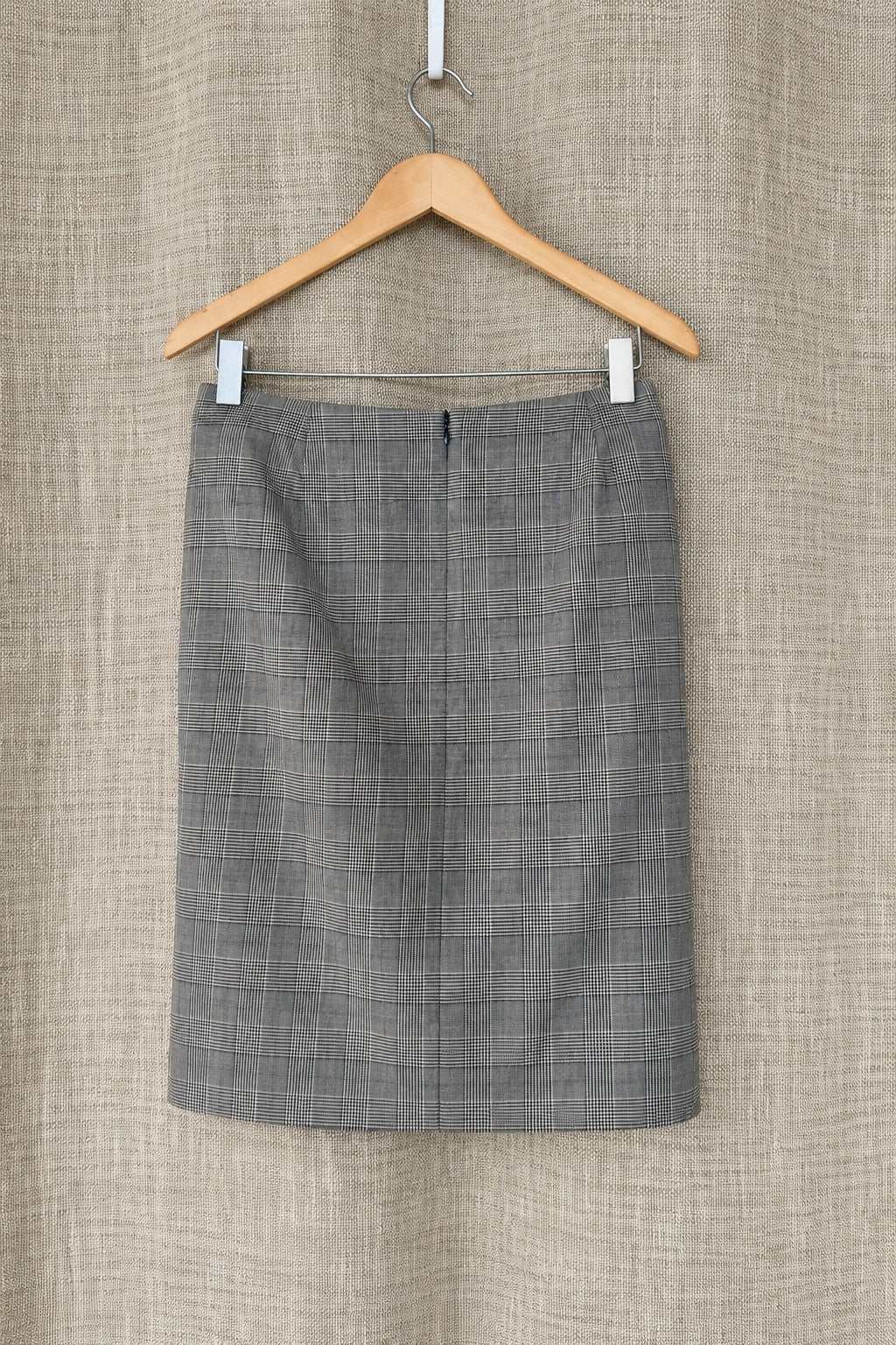 Akris punto plaid wool skirt on hanger, back view