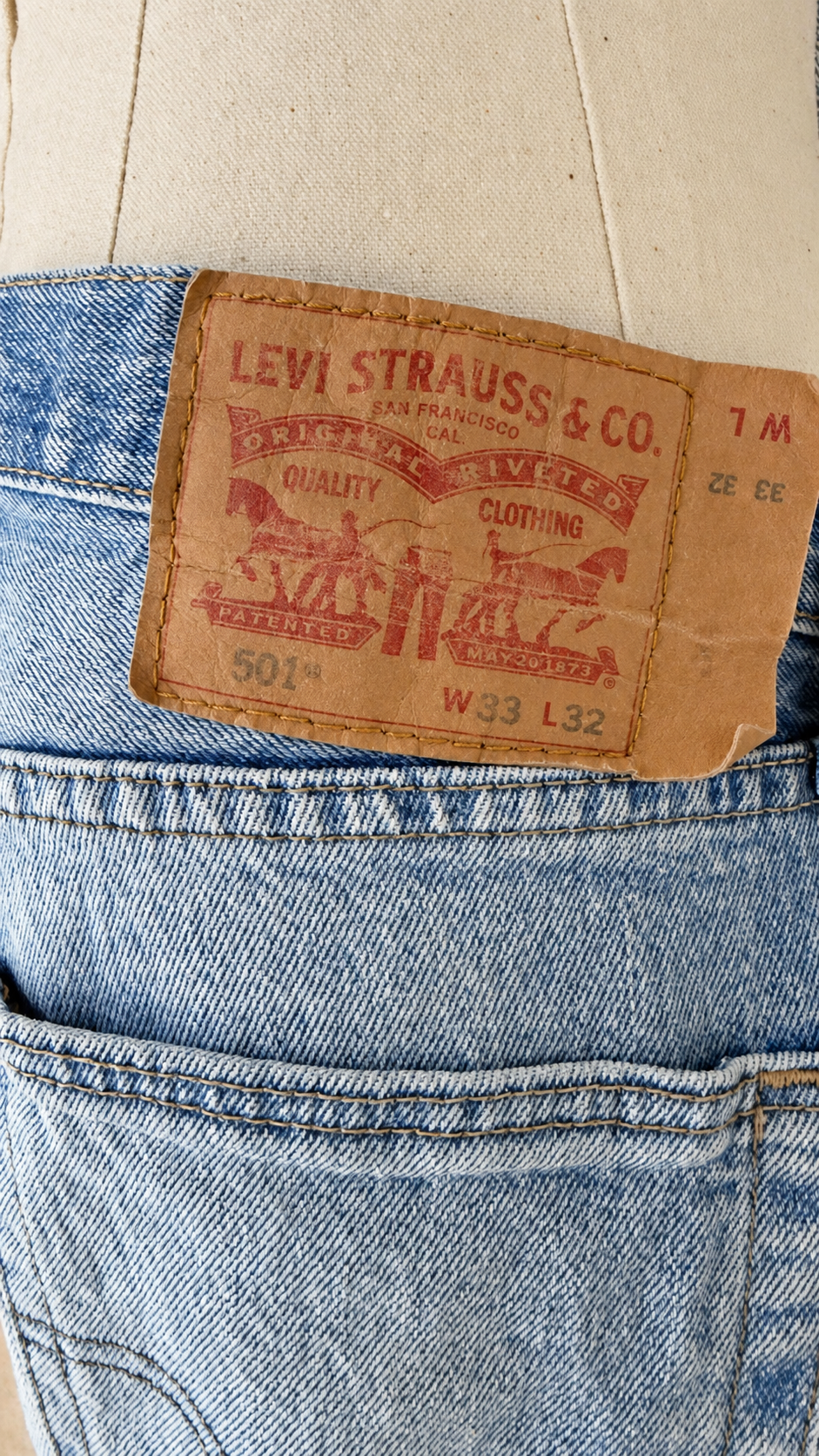 Levi's 501 leather brand patch and size detail