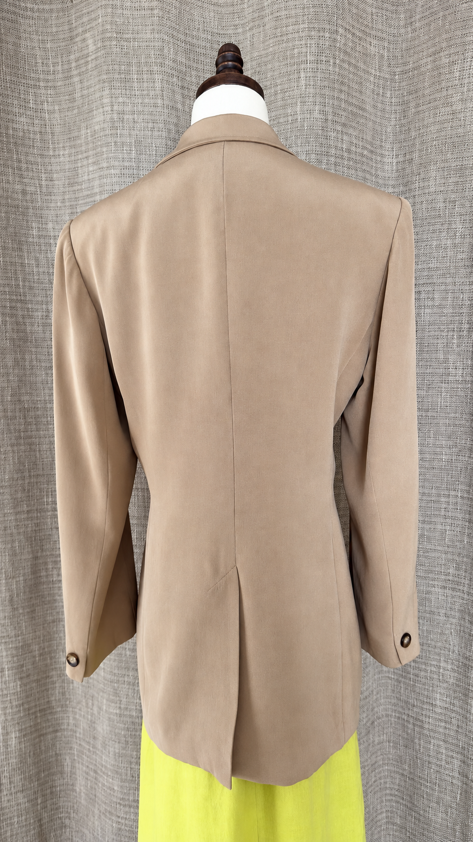 Jones New York camel silk blazer on mannequin, back view