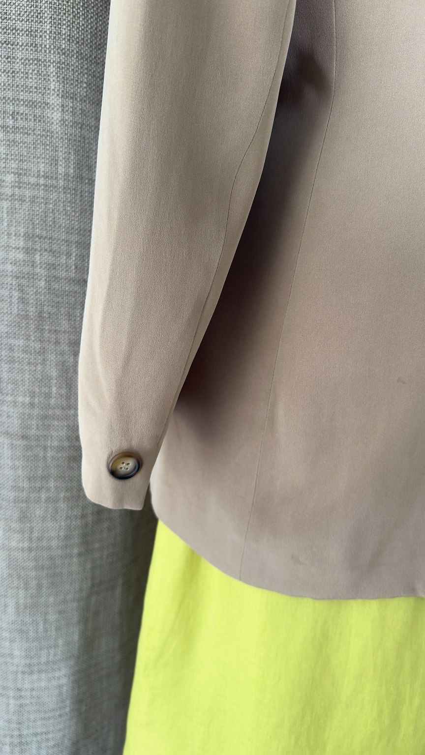 Jones New York camel silk blazer cuff detail