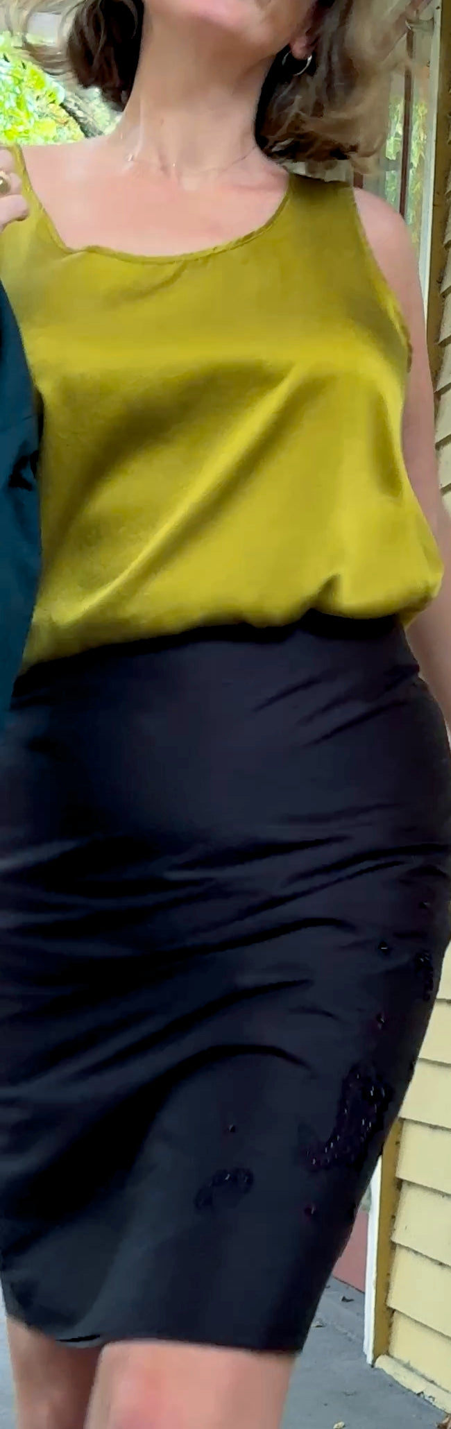 INV-011 J.Jill chartreuse silk top editorial closeup